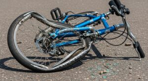 Bicicleta dañada en la carretera después de un accidente con señales visibles de impacto
