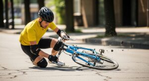 Ciclista con rodilleras y coderas para prevenir lesiones en un accidente de bicicleta