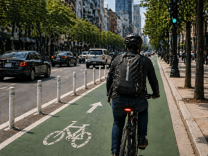 Ciclista en un carril exclusivo para bicicletas en un entorno urbano