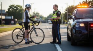 Ciclista hablando con la policía después de un accidente de bicicleta en la vía pública