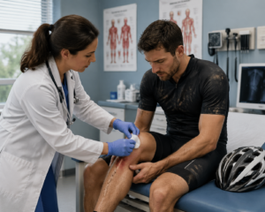 Un médico atiende la lesión de rodilla de un ciclista en una consulta médica