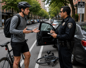 Ciclista hablando con un oficial de policía después de un accidente por puerta de auto abierta