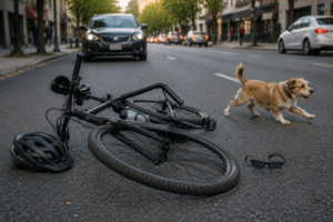 Bicicleta caída en la carretera después de chocar con un animal pequeño