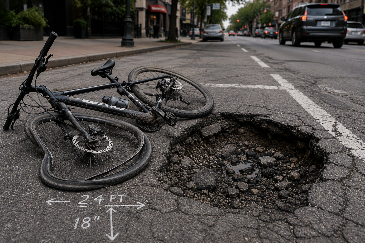 Bicicleta dañada junto a un bache en una calle en mal estado