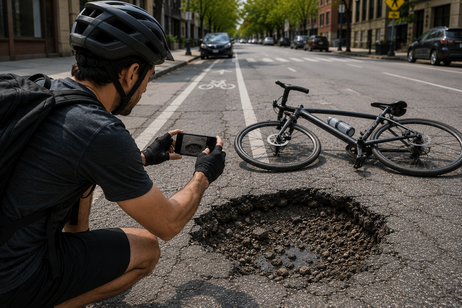 Ciclista documentando un bache después de un accidente de bicicleta