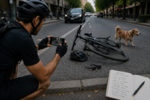 Ciclista tomando fotos y documentando el accidente causado por un animal