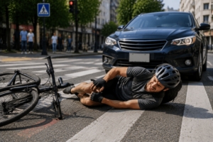 Ciclista en el suelo tras un accidente en un cruce peatonal urbano