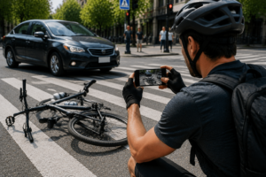 Ciclista tomando fotos de un accidente en un cruce peatonal para evidencia