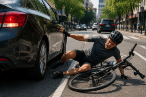 Ciclista caído en la carretera después de un accidente causado por falta de distancia de seguridad