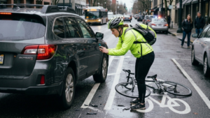 Ciclista tomando fotografías después de un accidente en un carril compartido