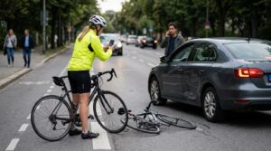 Ciclista tomando fotos de la escena después de un accidente causado por un vehículo