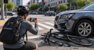 Ciclista documentando una intersección después de un accidente con un vehículo
